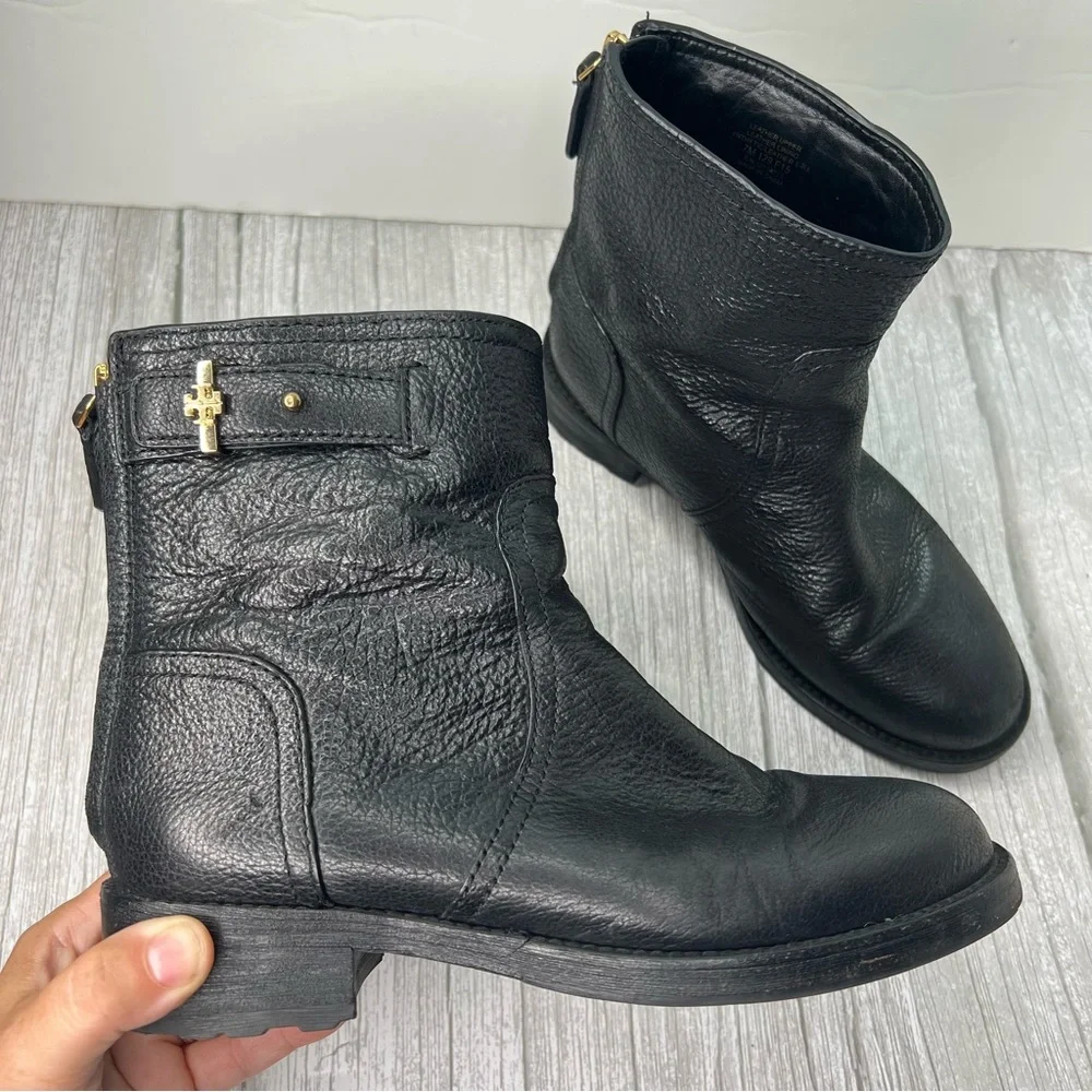 Tory Burch Selena Boots Bootie Black Metallic Distressed Reva Moto Zip Ankle